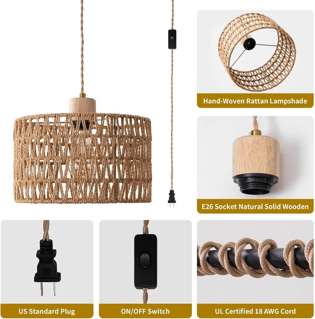 Alt view image 3 of 7 - Plug in Pendant Light with Hand Woven Rattan Lampshade, Hanging Lamp with 15 FT Rope Cord On/Off Switch, Boho Pendant Light Fixture for Living Room Bedroom Kitchen Island Dinning Table
