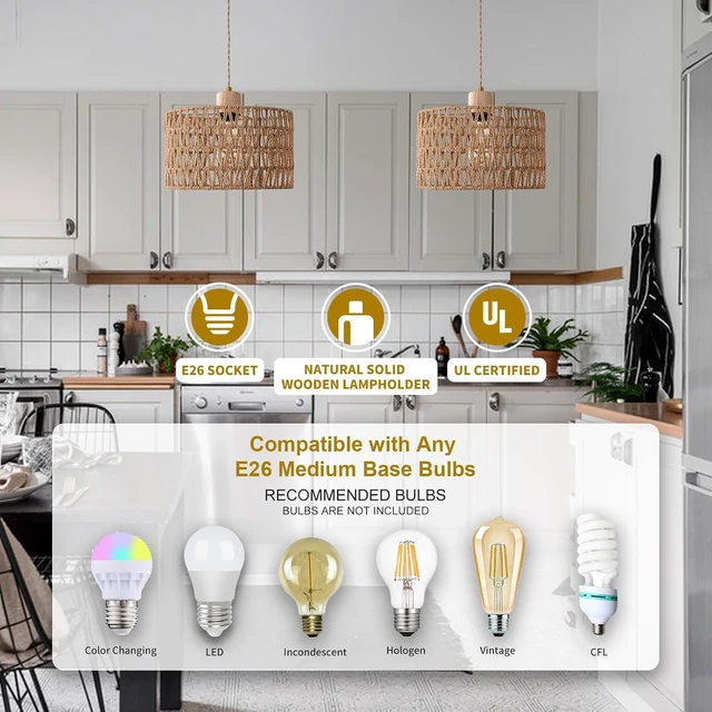 Alt view image 5 of 7 - Plug in Pendant Light with Hand Woven Rattan Lampshade, Hanging Lamp with 15 FT Rope Cord On/Off Switch, Boho Pendant Light Fixture for Living Room Bedroom Kitchen Island Dinning Table