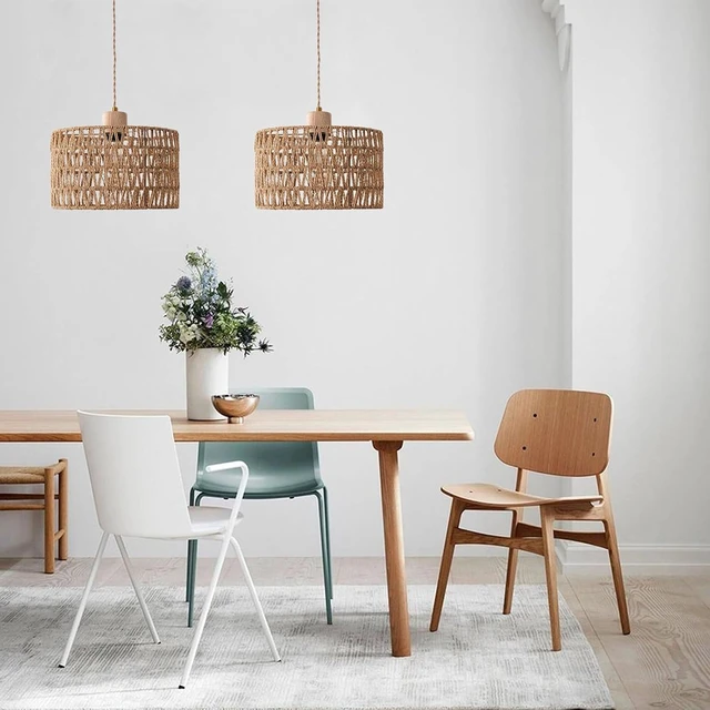 Alt view image 7 of 7 - Plug in Pendant Light with Hand Woven Rattan Lampshade, Hanging Lamp with 15 FT Rope Cord On/Off Switch, Boho Pendant Light Fixture for Living Room Bedroom Kitchen Island Dinning Table