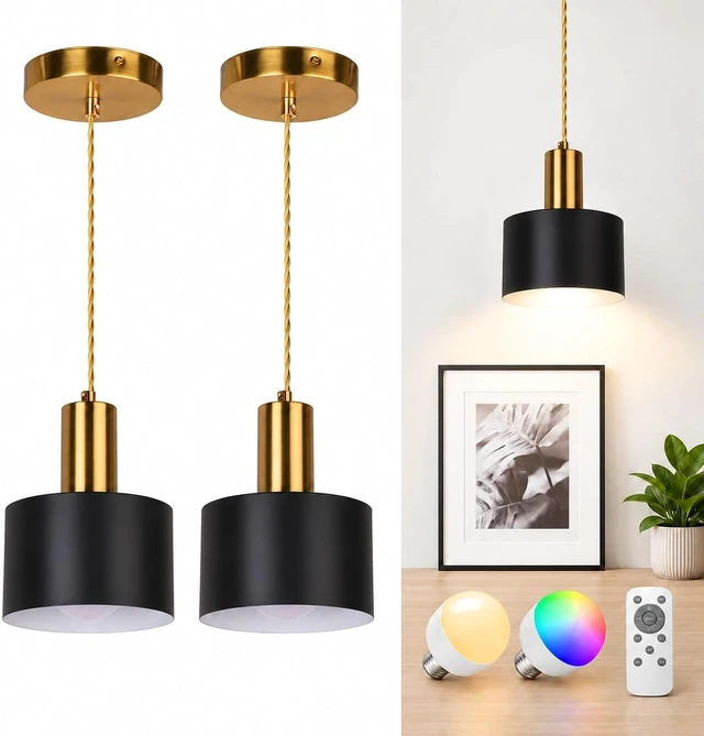 Main image of Battery Operated Pendant Lights, Black and Gold Iron Shade, 2 Pack
