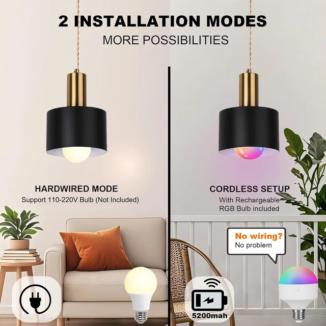 Alt view image 2 of 7 - Battery Operated Pendant Lights, Black and Gold Iron Shade, 2 Pack