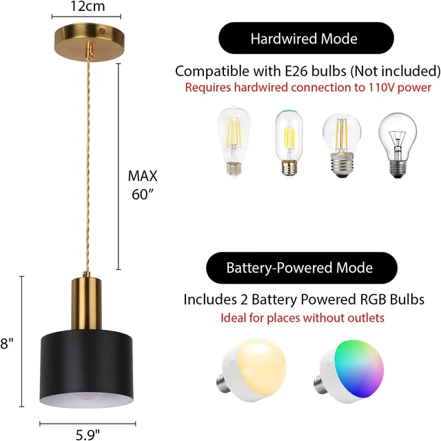 Alt view image 4 of 7 - Battery Operated Pendant Lights, Black and Gold Iron Shade, 2 Pack