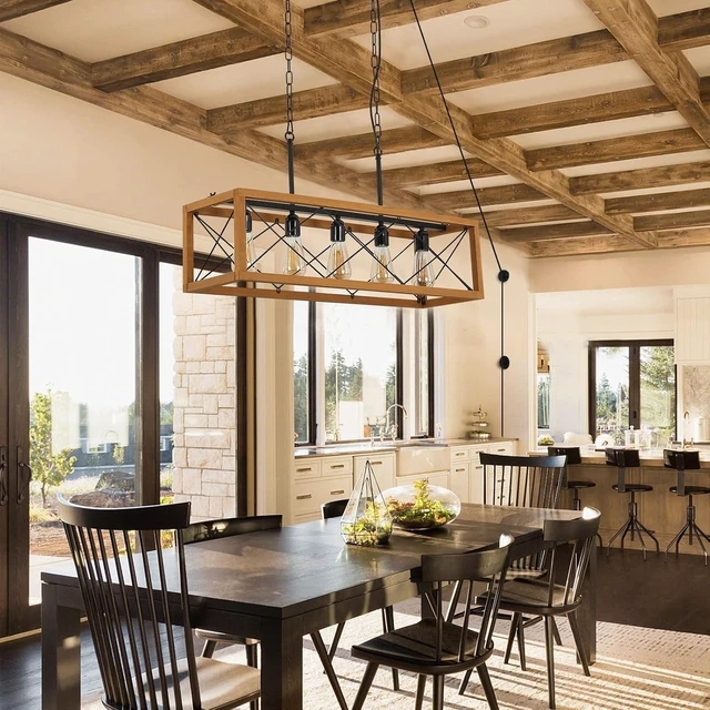 Alt view image 2 of 7 - Rustic Kitchen Light Fixtures, Farmhouse Chandelier with Detachable Plug in Cord for Dining Room, Pool Table, Wood Linear Rectangular Pendant Light Fixtures Ceiling Hanging Black