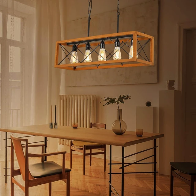 Alt view image 3 of 7 - Rustic Kitchen Light Fixtures, Farmhouse Chandelier with Detachable Plug in Cord for Dining Room, Pool Table, Wood Linear Rectangular Pendant Light Fixtures Ceiling Hanging Black