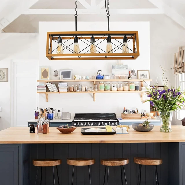 Alt view image 4 of 7 - Rustic Kitchen Light Fixtures, Farmhouse Chandelier with Detachable Plug in Cord for Dining Room, Pool Table, Wood Linear Rectangular Pendant Light Fixtures Ceiling Hanging Black