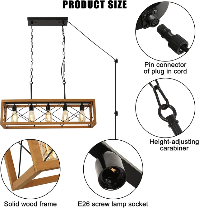 Alt view image 7 of 7 - Rustic Kitchen Light Fixtures, Farmhouse Chandelier with Detachable Plug in Cord for Dining Room, Pool Table, Wood Linear Rectangular Pendant Light Fixtures Ceiling Hanging Black
