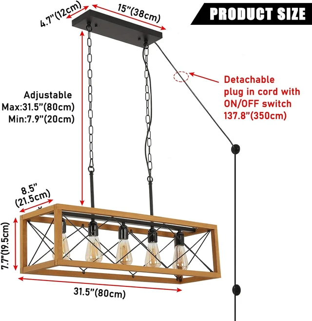 Alt view image 6 of 7 - Rustic Kitchen Light Fixtures, Farmhouse Chandelier with Detachable Plug in Cord for Dining Room, Pool Table, Wood Linear Rectangular Pendant Light Fixtures Ceiling Hanging Black