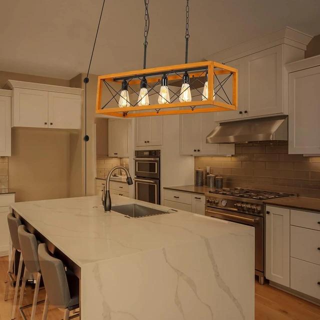 Alt view image 5 of 7 - Rustic Kitchen Light Fixtures, Farmhouse Chandelier with Detachable Plug in Cord for Dining Room, Pool Table, Wood Linear Rectangular Pendant Light Fixtures Ceiling Hanging Black