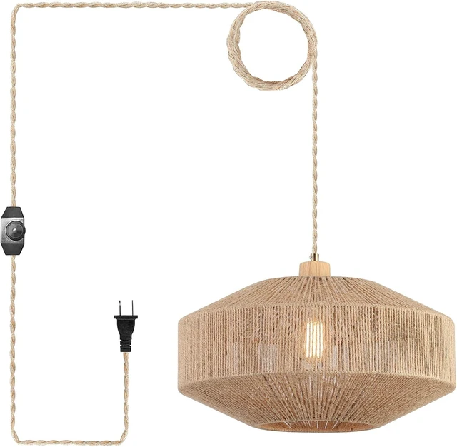 Main image of Coastal Large Woven Plug in Pendant Light with 14ft Handmade Woven Light Cord, Dimmable Switch, Natural Hemp Rope Hanging Lamp for Kitchen Island Farmhouse Dining Room Living Room,17.8 inch Width