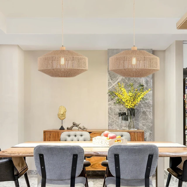 Alt view image 2 of 7 - Coastal Large Woven Plug in Pendant Light with 14ft Handmade Woven Light Cord, Dimmable Switch, Natural Hemp Rope Hanging Lamp for Kitchen Island Farmhouse Dining Room Living Room,17.8 inch Width