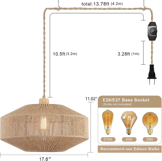 Alt view image 4 of 7 - Coastal Large Woven Plug in Pendant Light with 14ft Handmade Woven Light Cord, Dimmable Switch, Natural Hemp Rope Hanging Lamp for Kitchen Island Farmhouse Dining Room Living Room,17.8 inch Width