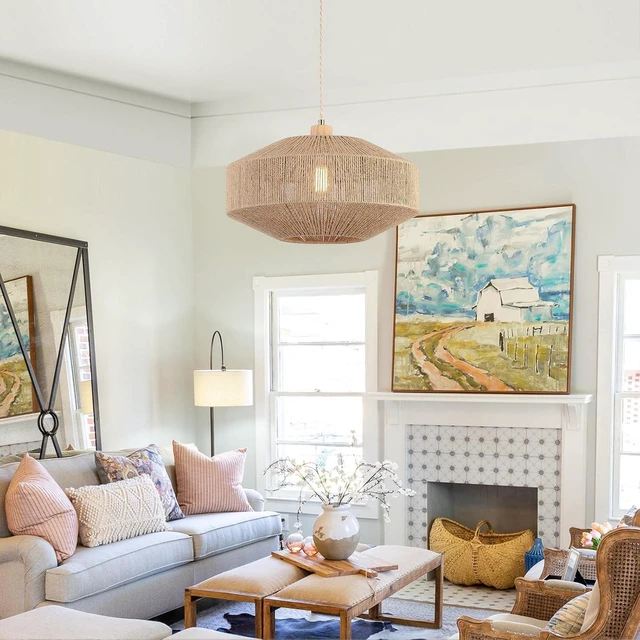 Alt view image 7 of 7 - Coastal Large Woven Plug in Pendant Light with 14ft Handmade Woven Light Cord, Dimmable Switch, Natural Hemp Rope Hanging Lamp for Kitchen Island Farmhouse Dining Room Living Room,17.8 inch Width