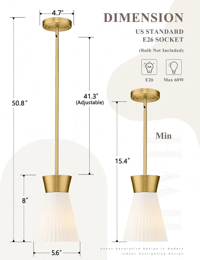 Alt view image 2 of 7 - HWH Gold Pendant Light Fixture, Milk White Striped Glass, 5HZG107MIL-2PK BG
