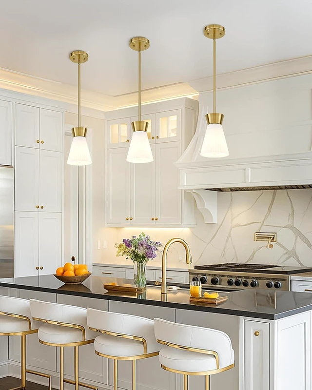 Alt view image 3 of 7 - HWH Gold Pendant Light Fixture, Milk White Striped Glass, 5HZG107MIL-2PK BG