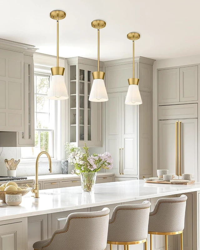 Alt view image 5 of 7 - HWH Gold Pendant Light Fixture, Milk White Striped Glass, 5HZG107MIL-2PK BG