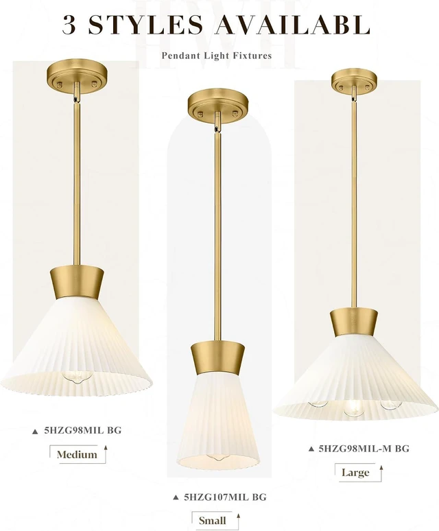 Alt view image 6 of 7 - HWH Gold Pendant Light Fixture, Milk White Striped Glass, 5HZG107MIL-2PK BG