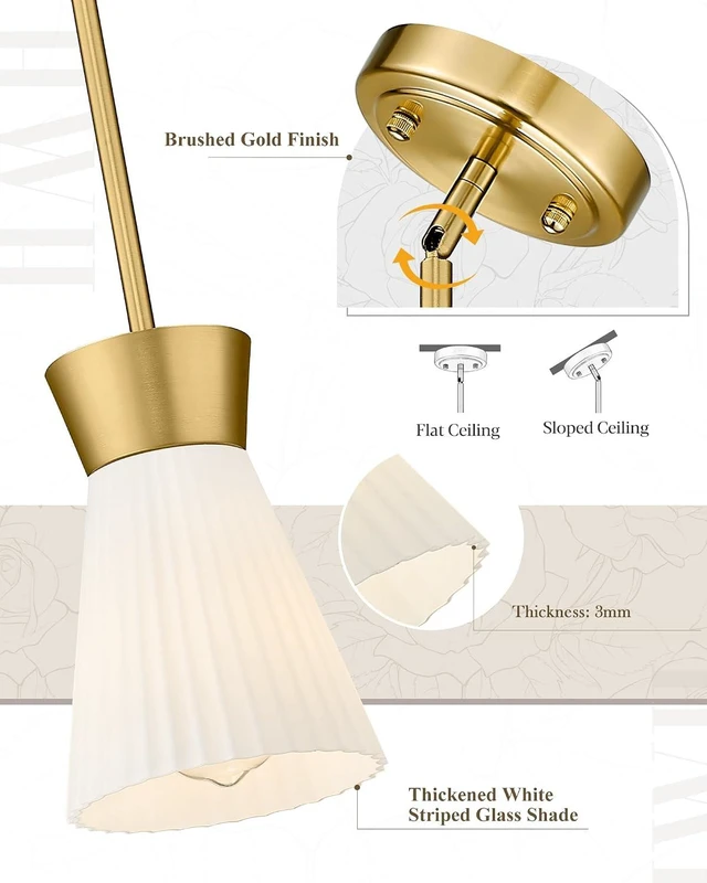 Alt view image 7 of 7 - HWH Gold Pendant Light Fixture, Milk White Striped Glass, 5HZG107MIL-2PK BG