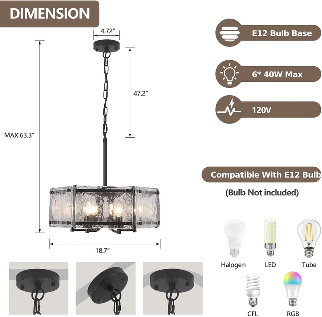 Alt view image 5 of 7 - Modern Black Glass Chandelier,6-Light Crystal Light Fixture for Dining Room