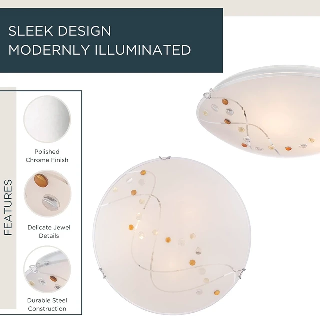 Alt view image 2 of 7 - Quoizel Stellar 16" 3-Light Round Flush Mount, Polished Chrome, Frosted Glass with Amber & Clear Jewels, Dimmable