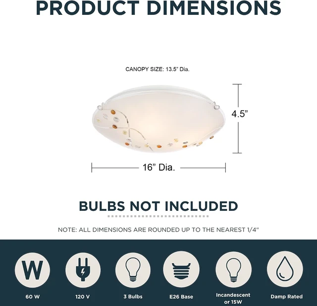 Alt view image 3 of 7 - Quoizel Stellar 16" 3-Light Round Flush Mount, Polished Chrome, Frosted Glass with Amber & Clear Jewels, Dimmable