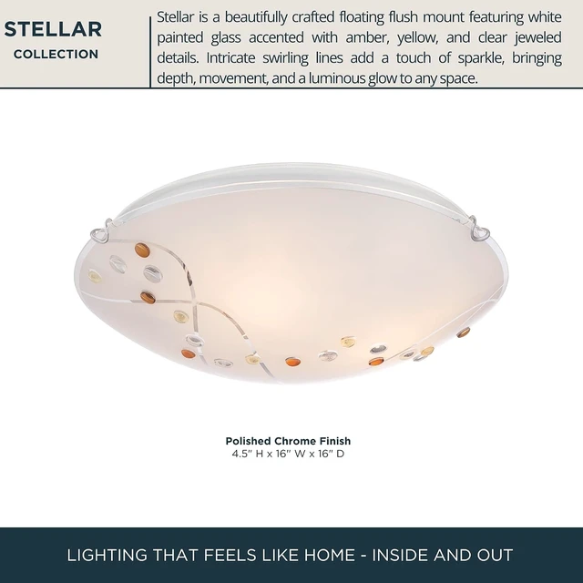Alt view image 5 of 7 - Quoizel Stellar 16" 3-Light Round Flush Mount, Polished Chrome, Frosted Glass with Amber & Clear Jewels, Dimmable