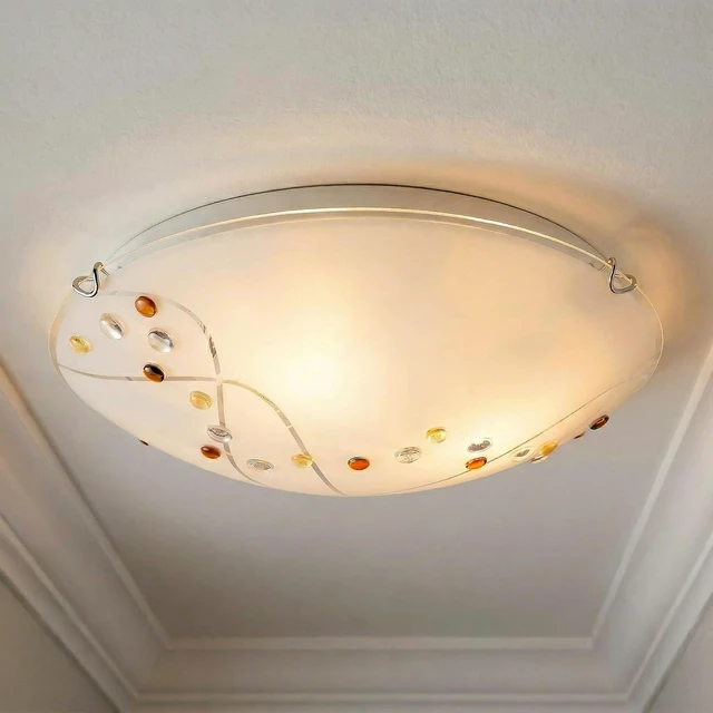 Alt view image 6 of 7 - Quoizel Stellar 16" 3-Light Round Flush Mount, Polished Chrome, Frosted Glass with Amber & Clear Jewels, Dimmable