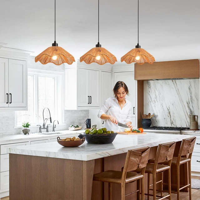 Alt view image 2 of 7 - 3 Pack Brown Woven Pendant Light Fixtures,11.81" Rattan Pendant Lights Farmhouse Basket Light Fixture Adjustable Boho Hanging Lamp for Kitchen Island Bedroom Dining Room Foyer Hallway