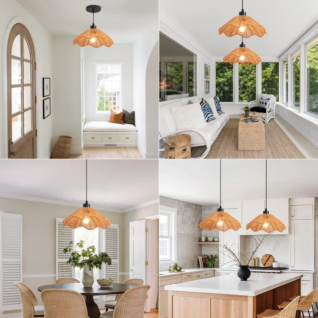 Alt view image 4 of 7 - 3 Pack Brown Woven Pendant Light Fixtures,11.81" Rattan Pendant Lights Farmhouse Basket Light Fixture Adjustable Boho Hanging Lamp for Kitchen Island Bedroom Dining Room Foyer Hallway
