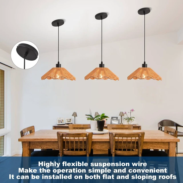 Alt view image 5 of 7 - 3 Pack Brown Woven Pendant Light Fixtures,11.81" Rattan Pendant Lights Farmhouse Basket Light Fixture Adjustable Boho Hanging Lamp for Kitchen Island Bedroom Dining Room Foyer Hallway