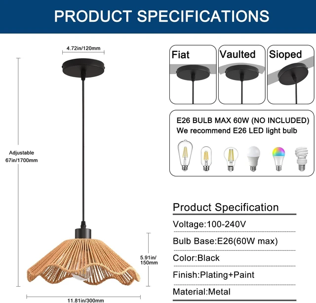 Alt view image 7 of 7 - 3 Pack Brown Woven Pendant Light Fixtures,11.81" Rattan Pendant Lights Farmhouse Basket Light Fixture Adjustable Boho Hanging Lamp for Kitchen Island Bedroom Dining Room Foyer Hallway