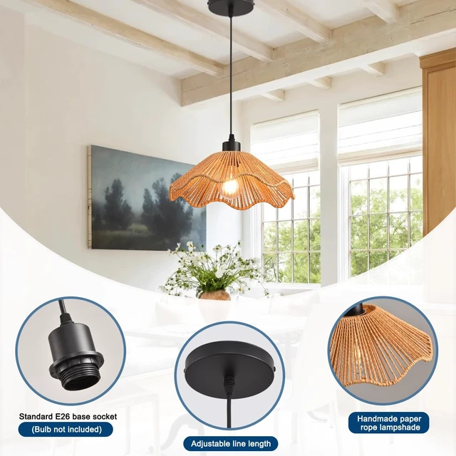 Alt view image 6 of 7 - 3 Pack Brown Woven Pendant Light Fixtures,11.81" Rattan Pendant Lights Farmhouse Basket Light Fixture Adjustable Boho Hanging Lamp for Kitchen Island Bedroom Dining Room Foyer Hallway