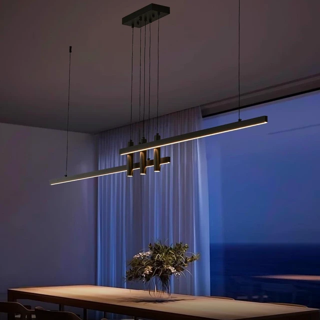 Main image of Modern Black Linear Pendant Lights Kitchen Island Lighting Minimalist Led Chandeliers Pool Table Light Dimmable Ceiling Hanging Light Fixture Dining Room with Remote Control (59in)