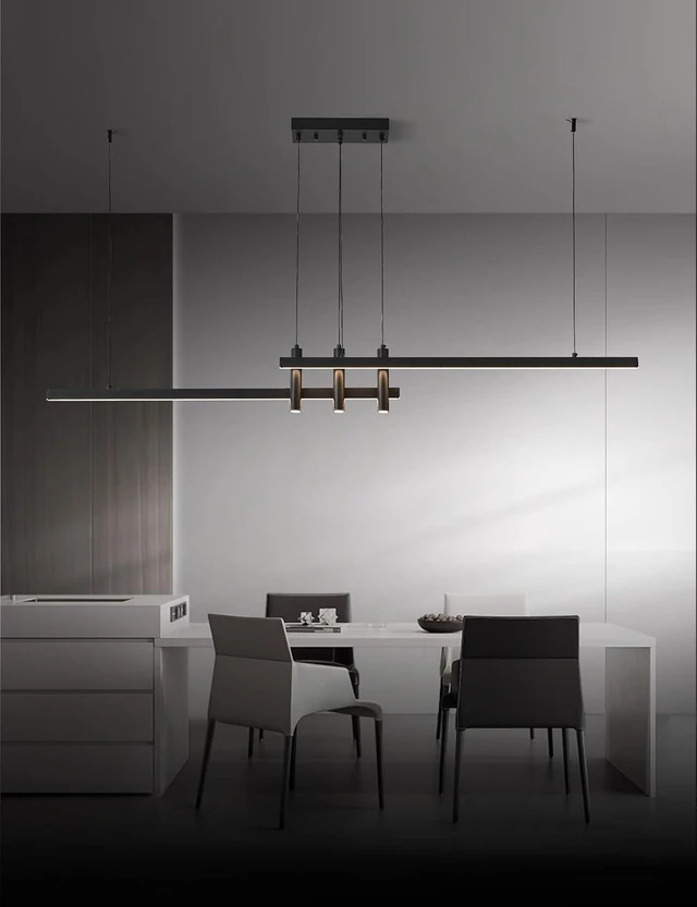 Alt view image 2 of 7 - Modern Black Linear Pendant Lights Kitchen Island Lighting Minimalist Led Chandeliers Pool Table Light Dimmable Ceiling Hanging Light Fixture Dining Room with Remote Control (59in)