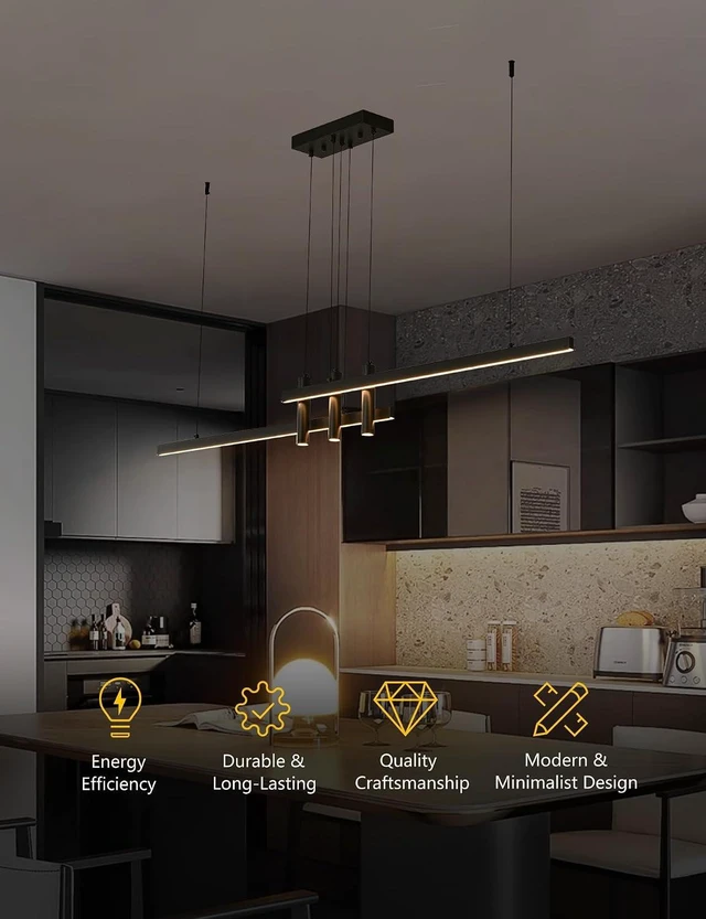 Alt view image 3 of 7 - Modern Black Linear Pendant Lights Kitchen Island Lighting Minimalist Led Chandeliers Pool Table Light Dimmable Ceiling Hanging Light Fixture Dining Room with Remote Control (59in)