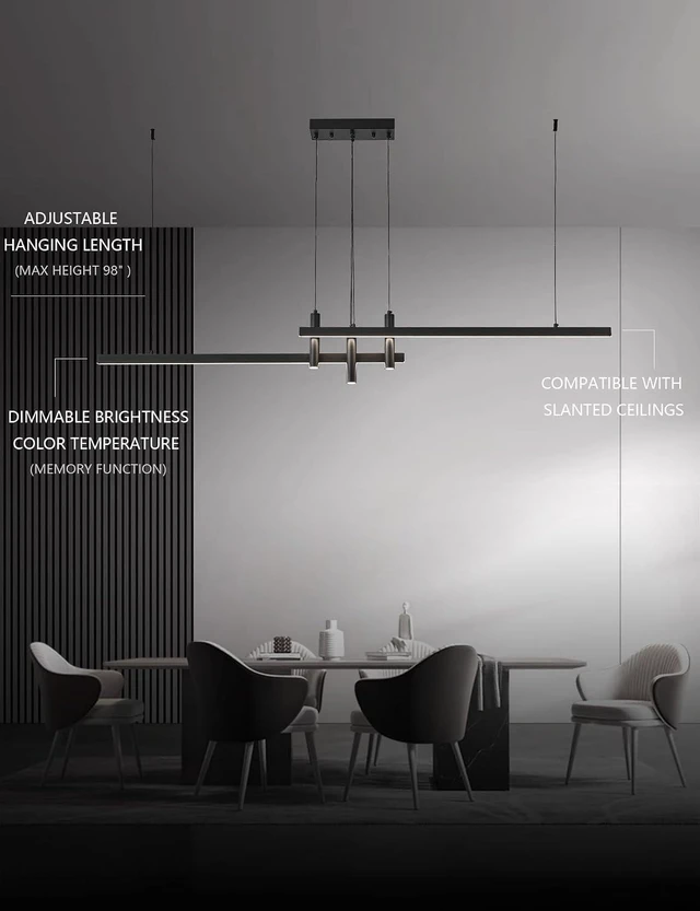 Alt view image 4 of 7 - Modern Black Linear Pendant Lights Kitchen Island Lighting Minimalist Led Chandeliers Pool Table Light Dimmable Ceiling Hanging Light Fixture Dining Room with Remote Control (59in)