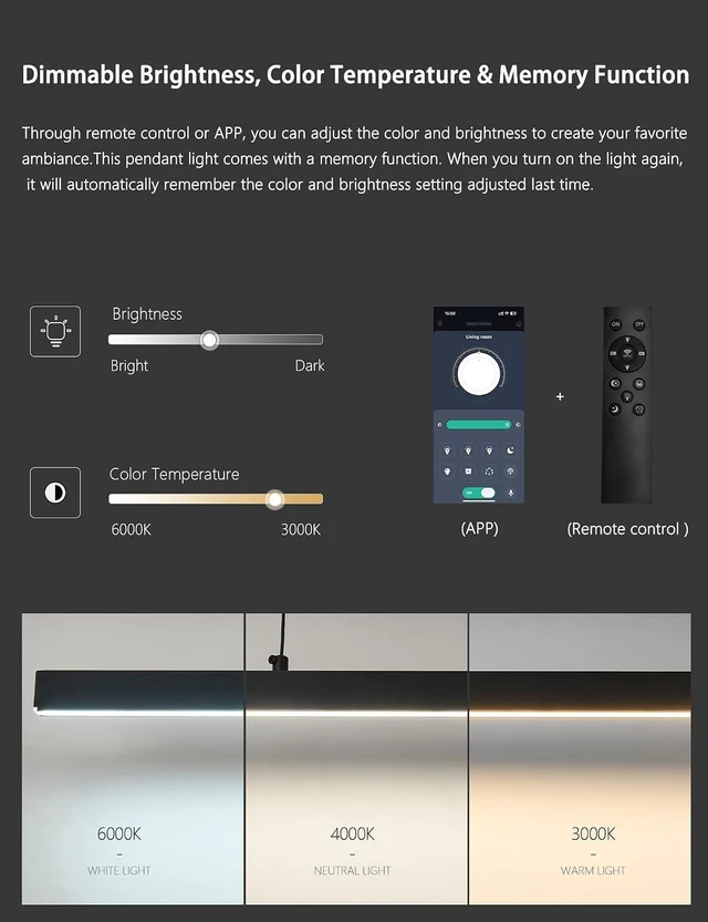 Alt view image 5 of 7 - Modern Black Linear Pendant Lights Kitchen Island Lighting Minimalist Led Chandeliers Pool Table Light Dimmable Ceiling Hanging Light Fixture Dining Room with Remote Control (59in)