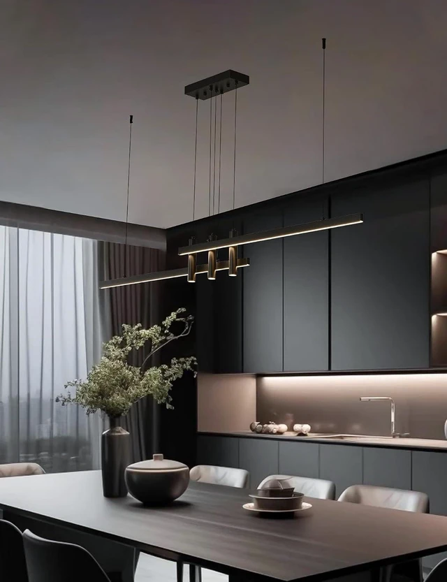 Alt view image 7 of 7 - Modern Black Linear Pendant Lights Kitchen Island Lighting Minimalist Led Chandeliers Pool Table Light Dimmable Ceiling Hanging Light Fixture Dining Room with Remote Control (59in)