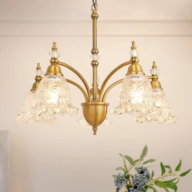 Main image of Vintage 5 Light Chandelier, Brass Dining Room Light Fixtures Over Table, Farmhouse Glass Chandelier Ceiling Light Fixture for Kitchen, Dinning, Foyer, Bathroom, Living Room