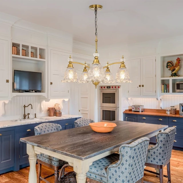 Alt view image 2 of 7 - Vintage 5 Light Chandelier, Brass Dining Room Light Fixtures Over Table, Farmhouse Glass Chandelier Ceiling Light Fixture for Kitchen, Dinning, Foyer, Bathroom, Living Room