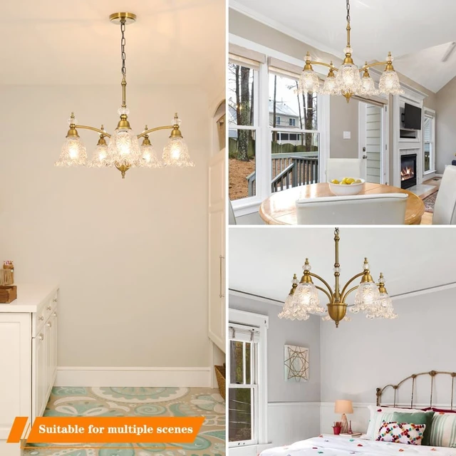 Alt view image 3 of 7 - Vintage 5 Light Chandelier, Brass Dining Room Light Fixtures Over Table, Farmhouse Glass Chandelier Ceiling Light Fixture for Kitchen, Dinning, Foyer, Bathroom, Living Room