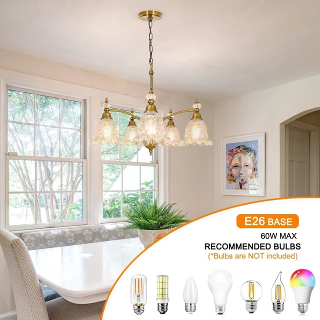 Alt view image 4 of 7 - Vintage 5 Light Chandelier, Brass Dining Room Light Fixtures Over Table, Farmhouse Glass Chandelier Ceiling Light Fixture for Kitchen, Dinning, Foyer, Bathroom, Living Room