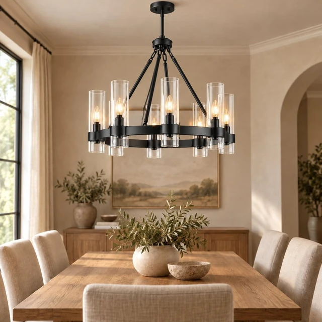 Alt view image 2 of 7 - Linea di Liara Teramo 26-Inch Wagon Wheel Chandelier, Black, Clear Glass
