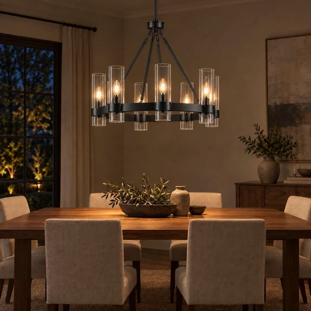 Alt view image 6 of 7 - Linea di Liara Teramo 26-Inch Wagon Wheel Chandelier, Black, Clear Glass