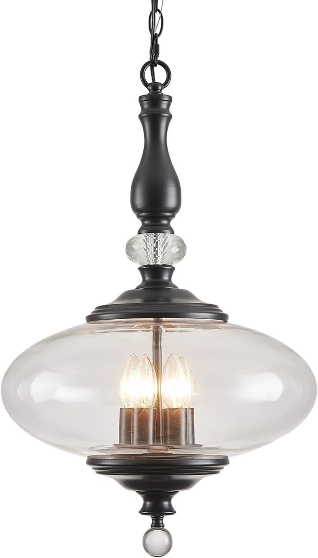 Main image of Farmhouse Black Pendant Light 5-Light Clear Glass Chandelier with Adjustable Chain W 15.74 in Kitchen Island for Dining Room