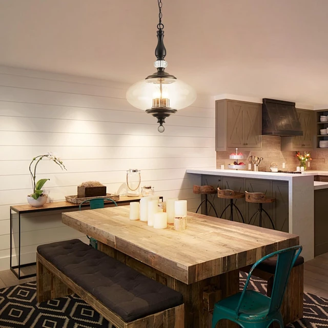 Alt view image 3 of 7 - Farmhouse Black Pendant Light 5-Light Clear Glass Chandelier with Adjustable Chain W 15.74 in Kitchen Island for Dining Room