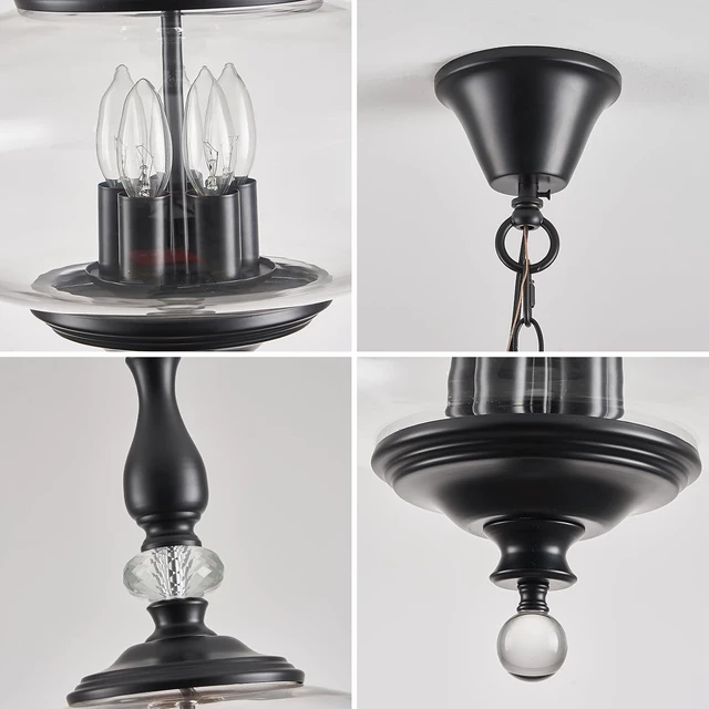 Alt view image 7 of 7 - Farmhouse Black Pendant Light 5-Light Clear Glass Chandelier with Adjustable Chain W 15.74 in Kitchen Island for Dining Room