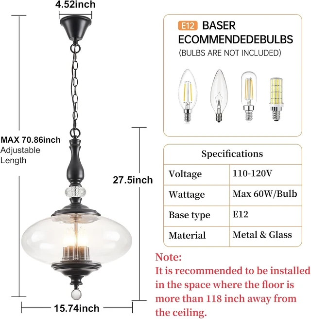 Alt view image 4 of 7 - Farmhouse Black Pendant Light 5-Light Clear Glass Chandelier with Adjustable Chain W 15.74 in Kitchen Island for Dining Room
