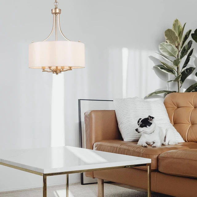 Alt view image 3 of 7 - LALUZ Gold Chandelier, 4-Light Modern Drum Pendant Lighting with White Fabric Shade, 16-Inch Golden Chandeliers Hanging Light Fixture for Dining Room, Bedrooms, Living Room, Entryway, Foyer