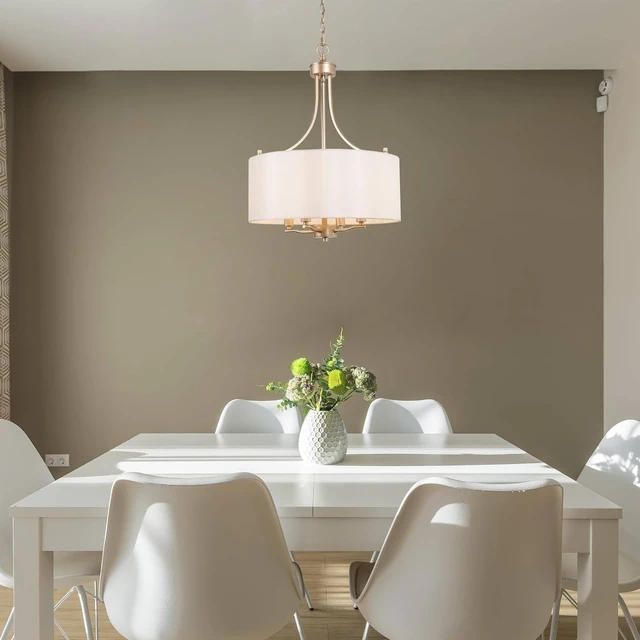 Alt view image 2 of 7 - LALUZ Gold Chandelier, 4-Light Modern Drum Pendant Lighting with White Fabric Shade, 16-Inch Golden Chandeliers Hanging Light Fixture for Dining Room, Bedrooms, Living Room, Entryway, Foyer