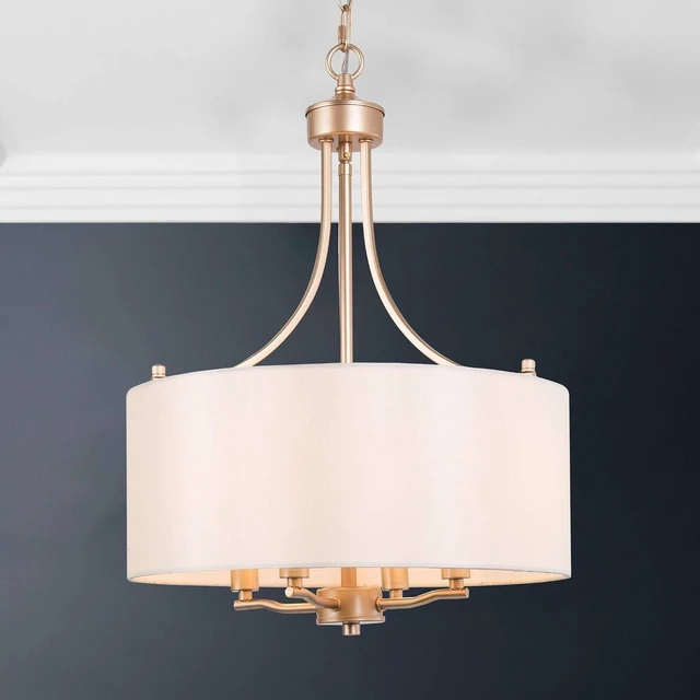 Main image of LALUZ Gold Chandelier, 4-Light Modern Drum Pendant Lighting with White Fabric Shade, 16-Inch Golden Chandeliers Hanging Light Fixture for Dining Room, Bedrooms, Living Room, Entryway, Foyer